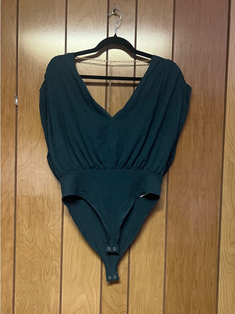 Forever 21 Dark Green V-Neck Bodysuit with Chain Detail